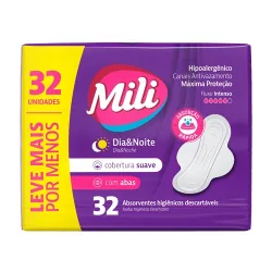 Absorventes C/abas Cobertura Suave Mili Dia & Noite Leve Mais Por Menos 32un